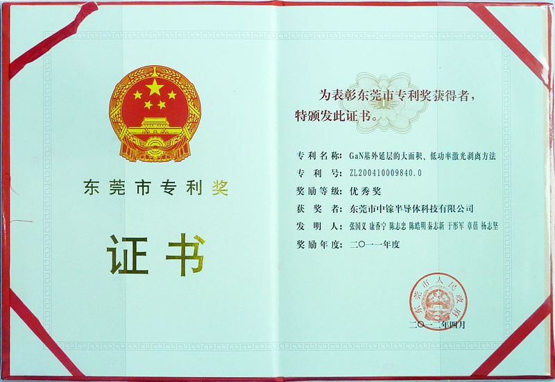 2011 Dongguan City Patent Technology Award